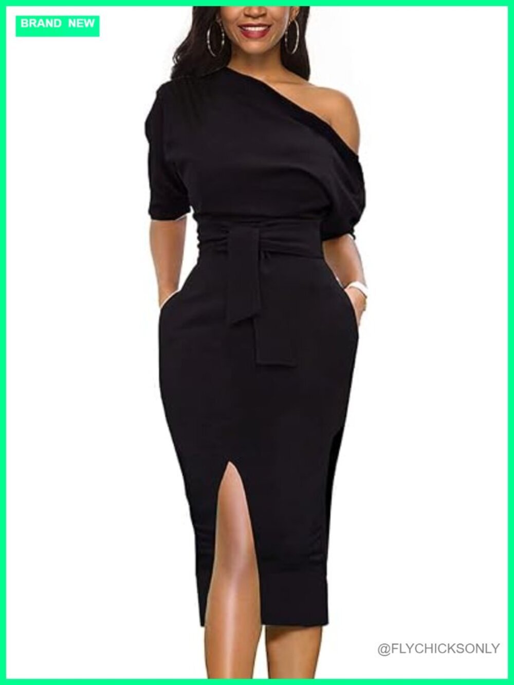 Off Shoulder Short Sleeve Belted Side Slit Midi Pencil Dress with Pockets
